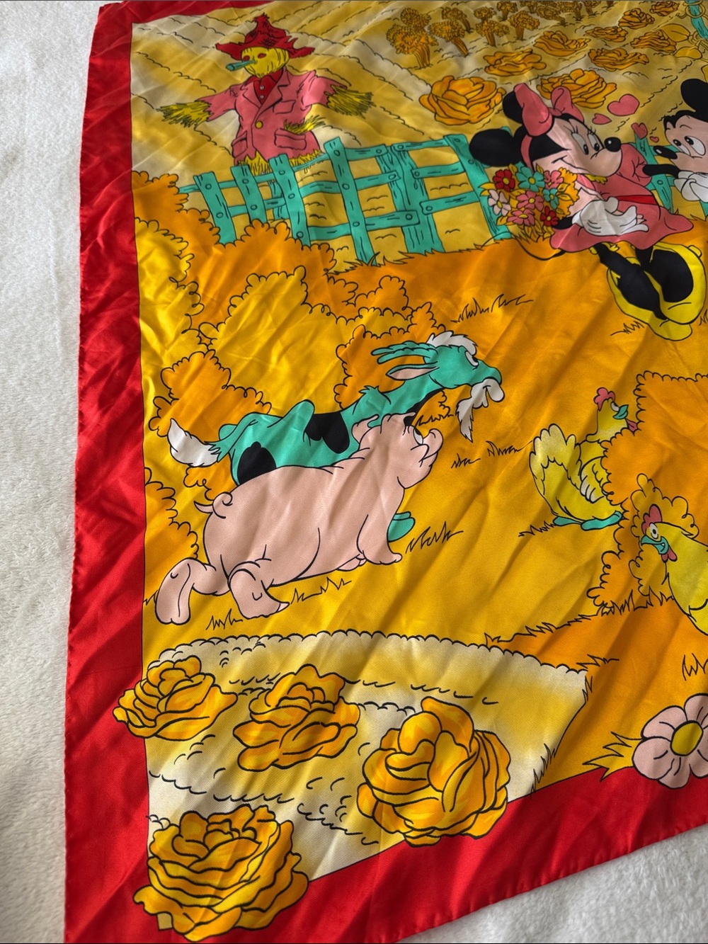 Vintage Handmade Disney Mickey Minnie Silk Scarf Red Yellow Farm Scene Chic - Picture 3 of 11